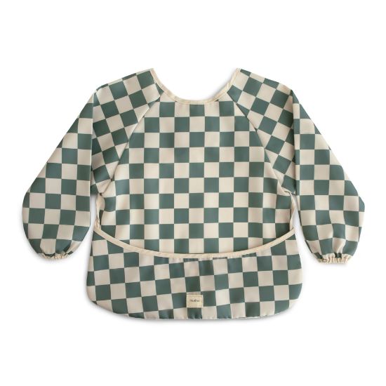 Picture of mushie Long Sleeve Baby Bib | Mess Free & Waterproof Fabric for Toddlers | Adjustable Fit for Ages 6-24 Months (Olive Check)