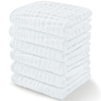 Picture of Comfy Cubs Muslin Baby Washcloths 6 Pack - Soft 6-Layer Cotton Wash Cloths for Sensitive Skin - 10"x10" Large, Gentle, Absorbent Infant Essentials for Newborn and Toddlers - (White)