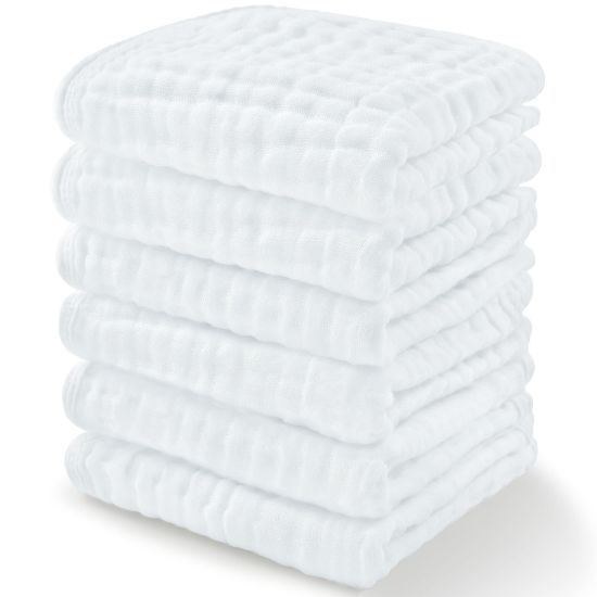 Picture of Comfy Cubs Muslin Baby Washcloths 6 Pack - Soft 6-Layer Cotton Wash Cloths for Sensitive Skin - 10"x10" Large, Gentle, Absorbent Infant Essentials for Newborn and Toddlers - (White)