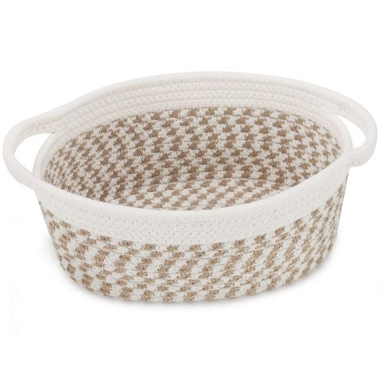 Picture of Abenkle Cute Small Woven Basket, 12"x 8" x 5", Rope Room Shelf Storage Basket, Cat Dog Toys Chest Box, Empty Decorative Gift Basket with Handles