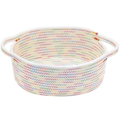 Picture of ABenkle Small Woven Basket, 12"x 8" x 5" Cute Small Basket, Rope Room Shelf Storage Basket, Cat Dog Toys Basket Chest Box, Empty Decorative Gift Basket with Handles - Colorful Thread