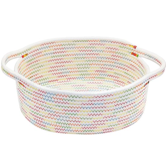 Picture of ABenkle Small Woven Basket, 12"x 8" x 5" Cute Small Basket, Rope Room Shelf Storage Basket, Cat Dog Toys Basket Chest Box, Empty Decorative Gift Basket with Handles - Colorful Thread