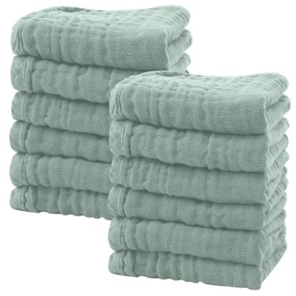 Picture of SWEET DOLPHIN 12 Pack Baby Muslin Washcloths - Soft Face Cloths for Newborn, Absorbent Bath Wash Cloths, Wipes, Burp Rag - Toddlers Essentials Stuff, Baby Registry as Shower -10"x10", Green