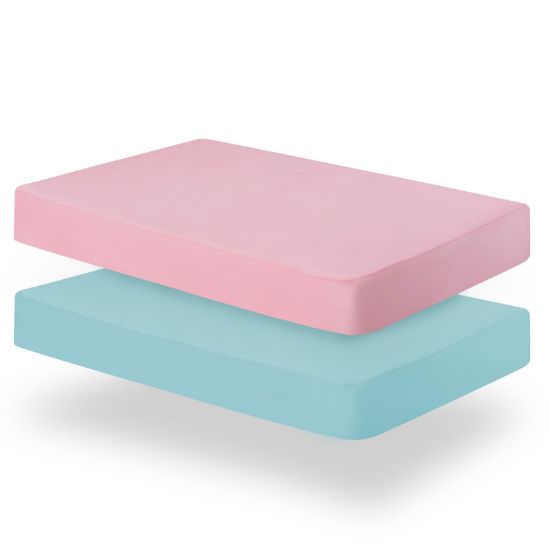 Picture of Biloban Crib Sheets Fitted, 2 Pack Sheet Fits Standard Crib Mattress, Neutral Toddler Bed Sheets for Baby Boys and Girls, Pink & Aqua, 52'X 28'