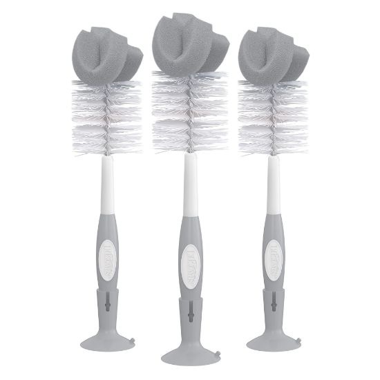 Picture of Dr. Brown's Reusable Sponge Baby Bottle Cleaning Brush Set with Suction Cup Stand, Scrubber and Nipple Cleaner, Gray, 3 Pack