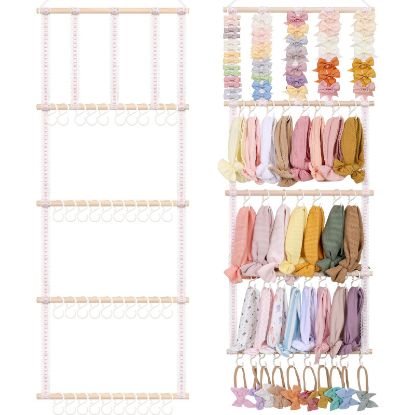 Picture of POVETIRE Headband Holder Hair Bows Organizer for Girls, Baby Headbands Hair Accessories Organizer Storage Wall Hanging Decor for Toddler Girls Room (Pink ribbon - 4 Tier)