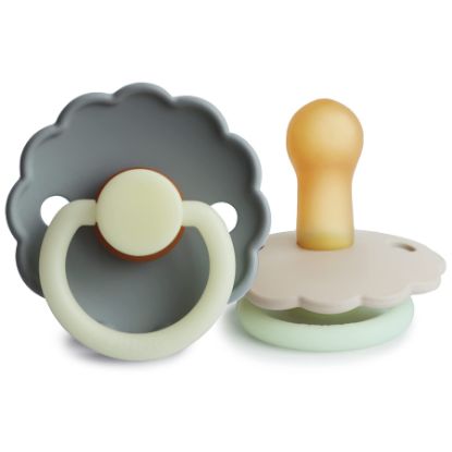 Picture of FRIGG Daisy Night Natural Rubber Baby Pacifier | Made in Denmark | BPA-Free (French Gray/Croissant, 6-18 Months) 2-Pack
