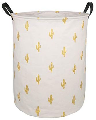 Picture of KUNRO Large Sized Round Storage Basket Waterproof Coating Organizer Bin Laundry Hamper for Nursery Clothes Toys (Golden Cactus)