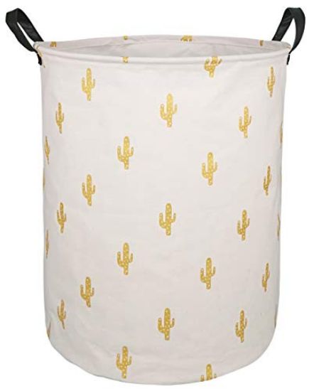 Picture of KUNRO Large Sized Round Storage Basket Waterproof Coating Organizer Bin Laundry Hamper for Nursery Clothes Toys (Golden Cactus)