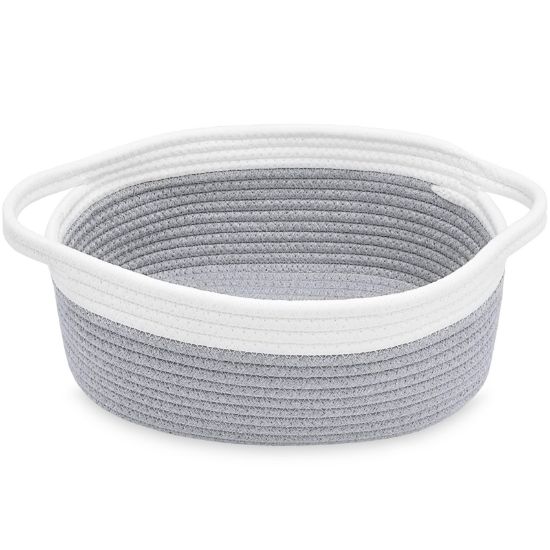 Picture of ABenkle Small Basket, 12"x 8" x 5" Cute Small Woven Basket, Rope Room Shelf Storage Basket, Cat Dog Toys Basket Chest Box, Decorative Empty Gift Basket with Handles - Grey