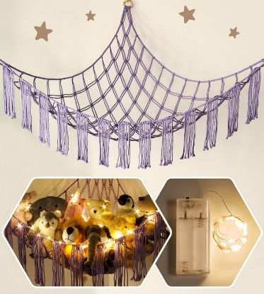 Picture of Stuffed Animal Hammock Corner with LED Light - Toy Storage Hammock Plushie Net Organizer - Teddy Bear Stuffy Hammock - Purple Nursery Decor Baby Kids Bedroom Nursery Furniture