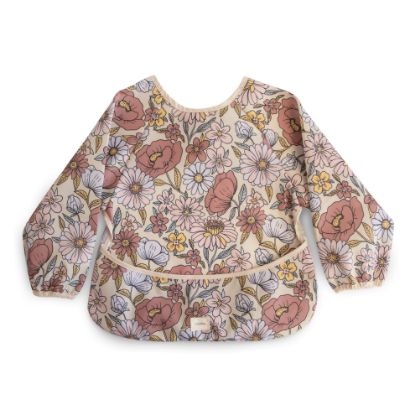 Picture of mushie Long Sleeve Baby Bib | Mess Free & Waterproof Fabric for Toddlers | Adjustable Fit for Ages 6-24 Months (Retro Flowers)