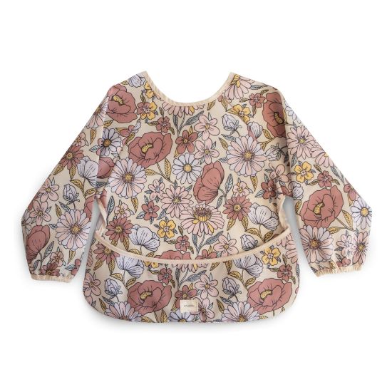 Picture of mushie Long Sleeve Baby Bib | Mess Free & Waterproof Fabric for Toddlers | Adjustable Fit for Ages 6-24 Months (Retro Flowers)