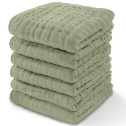 Picture of Comfy Cubs Muslin Baby Washcloths 6 Pack - Soft 6-Layer Cotton Wash Cloths for Sensitive Skin - 10"x10" Large, Gentle, Absorbent Infant Essentials for Newborn and Toddlers - (Sage)