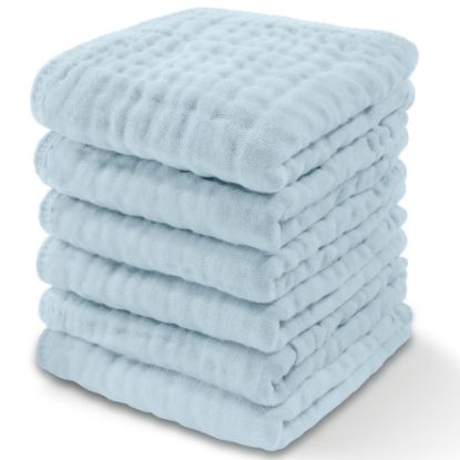 Picture of Comfy Cubs Muslin Baby Washcloths 6 Pack - Soft 6-Layer Cotton Wash Cloths for Sensitive Skin - 10"x10" Large, Gentle, Absorbent Infant Essentials for Newborn and Toddlers - (Sky Blue)
