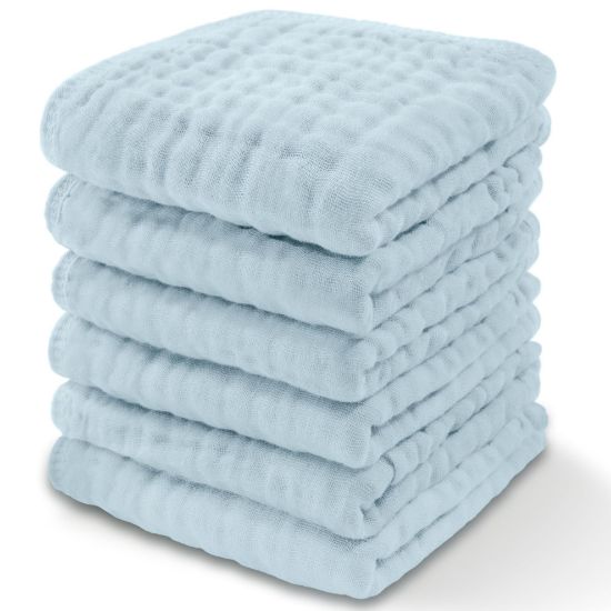 Picture of Comfy Cubs Muslin Baby Washcloths 6 Pack - Soft 6-Layer Cotton Wash Cloths for Sensitive Skin - 10"x10" Large, Gentle, Absorbent Infant Essentials for Newborn and Toddlers - (Sky Blue)