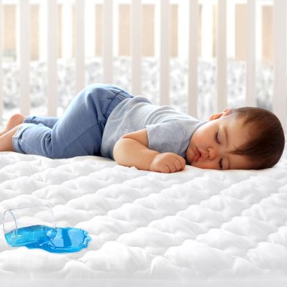 Picture of Crib Mattress Protector Sheets Fitted Waterproof Crib Mattress Pad Cover, Noiseless & Machine Wash 100% Absorbent Crib/Toddler Mattress Protector Sheet Quilted, White, 52" x 28"