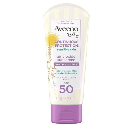 Picture of Aveeno Baby Continuous Protection Zinc Oxide Mineral Sunscreen Lotion for Sensitive Skin, Broad Spectrum SPF 50, Tear-Free, Sweat- & Water-Resistant, Paraben-Free, Travel-Size, 3 fl. oz