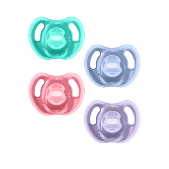 Picture of Tommee Tippee Ultra-Light Silicone Pacifier, 18-36 Months, Symmetrical One-Piece Design, BPA-Free Silicone Binkies, Pink/Violet/Green, Pack of 4