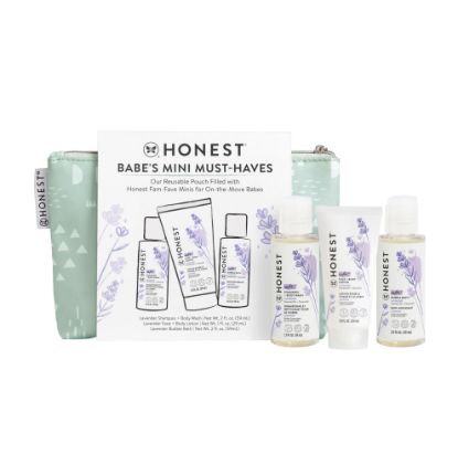 Picture of The Honest Company Babe's Mini Must Haves Gift Set | Travel Size Hypoallergenic Lavender Bathtime Essentials | Shampoo + Body Wash (2 fl oz), Face + Body Lotion (1 fl oz), Bubble Bath (2 fl oz)