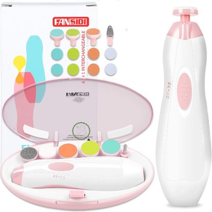 Picture of Baby Nail Trimmer Electric, FANSIDI Baby Nail File Infant Nail Clippers with 10 Grinding Pads 8 Sandpapers for Newborn Infant Toddler or Adults Toes Fingernails Care - AA Battery Operated (White/Pink)