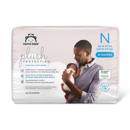 Picture of Amazon Brand - Mama Bear Plush Protection Diapers - Size Newborn, 32 Count, Hypoallergenic Premium Disposable Baby Diapers, White and Cloud Dreams