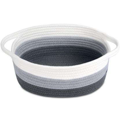 Picture of ABenkle Small Basket, 12"x 8" x 5" Cute Small Woven Basket, Rope Room Shelf Storage Basket, Cat Dog Toys Basket Chest Box, Decorative Empty Gift Basket with Handles - White & Grey & Dark Grey