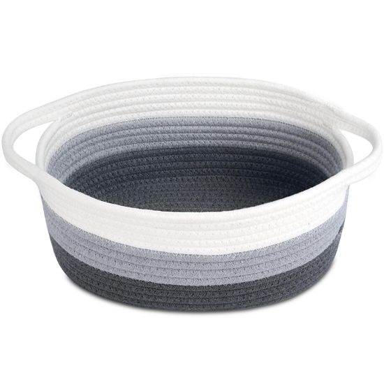 Picture of ABenkle Small Basket, 12"x 8" x 5" Cute Small Woven Basket, Rope Room Shelf Storage Basket, Cat Dog Toys Basket Chest Box, Decorative Empty Gift Basket with Handles - White & Grey & Dark Grey