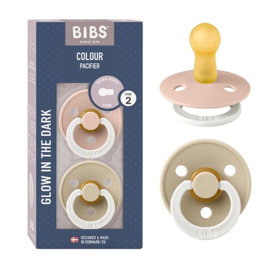 Picture of BIBS Pacifiers Colour Collection | Natural Rubber Baby Pacifier | Set of 2 BPA-Free Soothers | Made in Denmark | 6+ Months (Pack of 2) | Blush Night/Vanilla Night