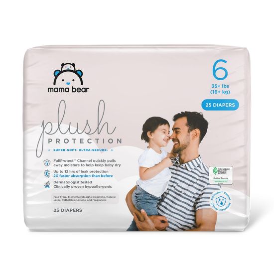 Picture of Amazon Brand - Mama Bear Plush Protection Diapers - Size 6, 25 Count, Hypoallergenic Premium Disposable Baby Diapers, White and Cloud Dreams