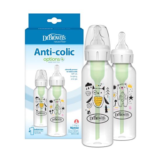 Picture of Dr. Brown's Natural Flow Anti-Colic Options+ Narrow Baby Bottle, Bear & Owl, 8 oz/250 mL, with Level 1 Slow Flow Nipple, BPA Free, 0m+, 2-Pack