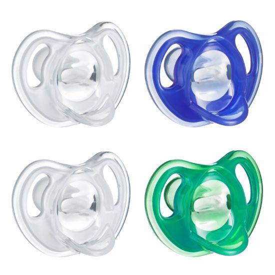 Picture of Tommee Tippee Ultra-Light Silicone Pacifier, 18-36 Months, Symmetrical One-Piece Design, BPA-Free Silicone Binkies, Clear/Blue/Green, Pack of 4