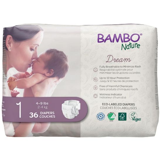 Picture of Bambo Nature Hypoallergenic Baby Diapers, Eco-Labelled Sustainable Diapers, Enhanced Leakage Protection, Totally Chlorine-free, Skin Friendly, and Super Absorbent - Size 1 (36 Count)