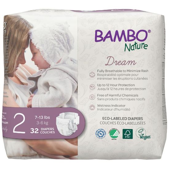 Picture of Bambo Nature Hypoallergenic Baby Diapers, Eco-Labelled Sustainable Diapers, Enhanced Leakage Protection, Totally Chlorine-free, Skin Friendly, and Super Absorbent - Size 2 (32 Count)