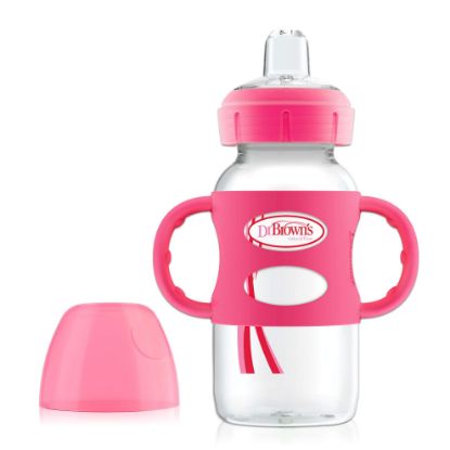 Picture of Dr. Brown's Milestones Wide-Neck Sippy Spout Bottle with 100% Silicone Handles, Easy-Grip Handles with Soft Sippy Spout, 9oz/270mL, Pink, 1-Pack, 6m+