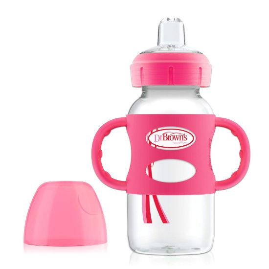 Picture of Dr. Brown's Milestones Wide-Neck Sippy Spout Bottle with 100% Silicone Handles, Easy-Grip Handles with Soft Sippy Spout, 9oz/270mL, Pink, 1-Pack, 6m+