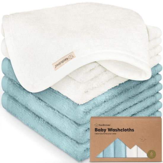 Picture of 6-Pack Baby Washcloths - Soft Viscose from Bamboo Washcloth, Baby Wash Cloths for Newborn, Kids, Bath Baby Towels, Face Towel, Face Cloths for Washing Face (White/Sky)
