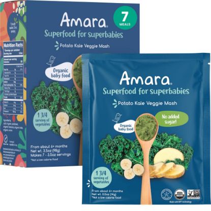 Picture of Amara Organic Baby Food - Stage 2 - Kale Potato - Baby Cereal to Mix With Breastmilk, Water or Baby Formula - Shelf Stable Baby Food Made from Organic Fruit and Veggies - 7 Pouches, 3.5oz Per Serving