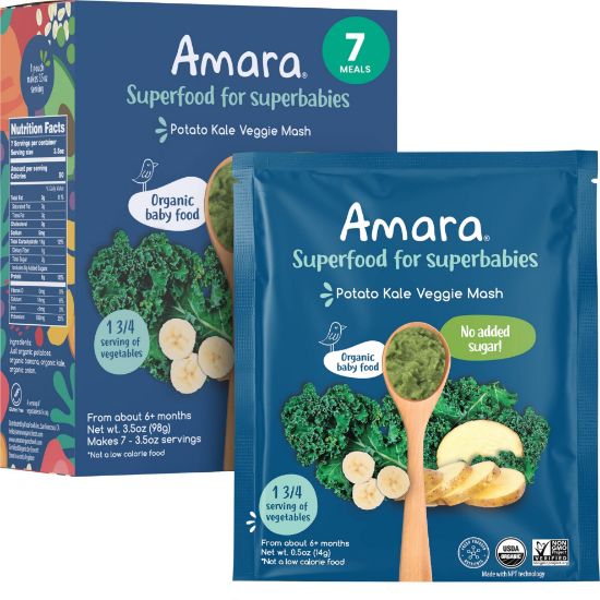 Picture of Amara Organic Baby Food - Stage 2 - Kale Potato - Baby Cereal to Mix With Breastmilk, Water or Baby Formula - Shelf Stable Baby Food Made from Organic Fruit and Veggies - 7 Pouches, 3.5oz Per Serving