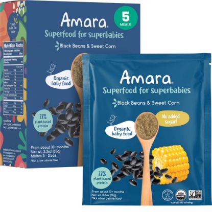 Picture of Amara Organic Baby Food - Stage 3 - Black Bean & Sweet Corn - Baby Cereal to Mix With Breastmilk, Water or Baby Formula - Shelf Stable Baby Food Pouches Made from Organic Veggies - 5 Pouches, 3.5oz Per Serving