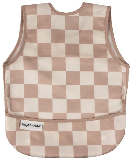 Picture of Tiny Twinkle Mess Proof Baby Bib - Waterproof Baby Apron - Machine Washable - PVC, BPA, & Phthalate Free - Great Travel Bib for Baby Eating - Baby Food Bibs (Brown Checkers, Small 6-24 Months)