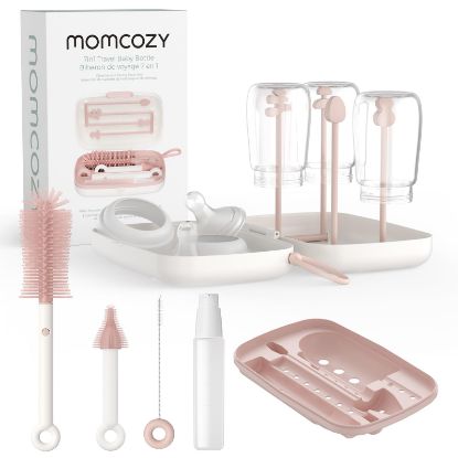 Picture of Momcozy Bottle Brush Set - Baby Bottle Cleaner Kit with Silicone Brush, Nipple Brush, Straw Brush, Soap Dispenser, Drying Rack - 7 in 1 Bottle Cleaning Tool for Home and Travel, Pink