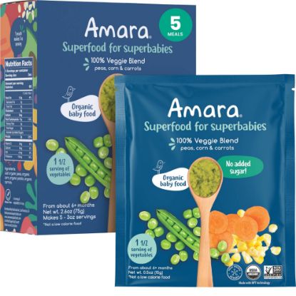 Picture of Amara Organic Baby Food - Stage 2 - Peas, Corn & Carrots - Baby Cereal to Mix With Breastmilk, Water or Baby Formula - Shelf Stable Baby Food With 100% Organic Veggies - 5 Pouches, 3.5oz Per Serving