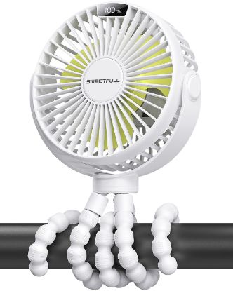 Picture of SWEETFULL Portable Stroller Fan with Display 4000mAh Battery Powered Mini Clip On Fan, 4-Speed Rechargeable Small Personal Cooling for Baby Car Seat Crib Travel - White