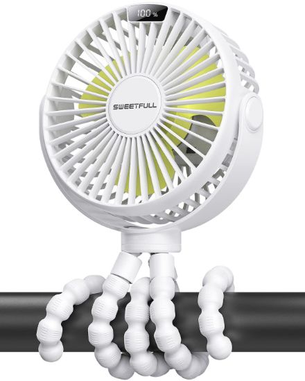 Picture of SWEETFULL Portable Stroller Fan with Display 4000mAh Battery Powered Mini Clip On Fan, 4-Speed Rechargeable Small Personal Cooling for Baby Car Seat Crib Travel - White