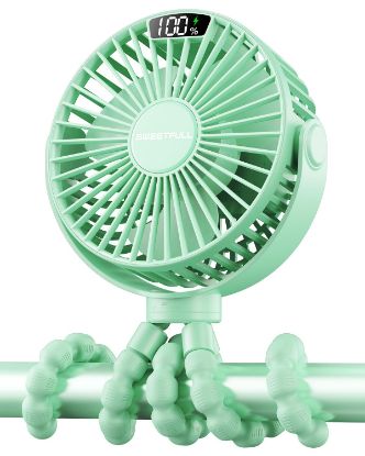 Picture of SWEETFULL Portable Stroller Fan with Display 4000mAh Battery Powered Mini Clip On Fan, 4-Speed Rechargeable Small Personal Cooling for Baby Car Seat Crib Travel - Green
