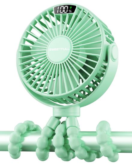 Picture of SWEETFULL Portable Stroller Fan with Display 4000mAh Battery Powered Mini Clip On Fan, 4-Speed Rechargeable Small Personal Cooling for Baby Car Seat Crib Travel - Green