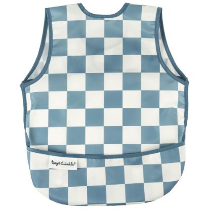 Picture of Tiny Twinkle Mess Proof Baby Bib - Waterproof Baby Apron - Machine Washable - PVC, BPA, & Phthalate Free - Great Travel Bib for Baby Eating - Baby Food Bibs (Blue Checkers, Small 6-24 Months)