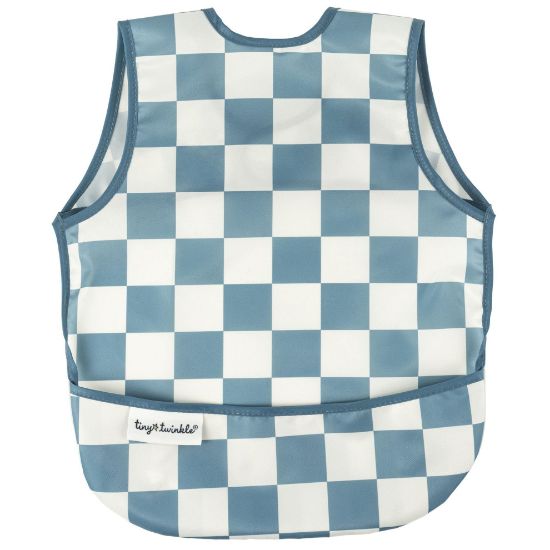 Picture of Tiny Twinkle Mess Proof Baby Bib - Waterproof Baby Apron - Machine Washable - PVC, BPA, & Phthalate Free - Great Travel Bib for Baby Eating - Baby Food Bibs (Blue Checkers, Small 6-24 Months)
