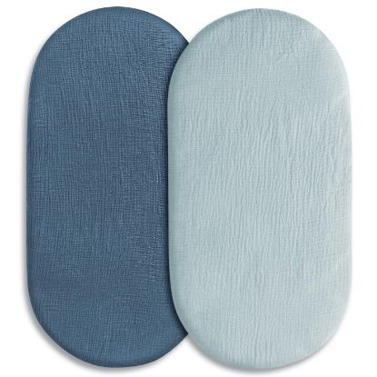 Picture of Muslin Bassinet Fitted Sheets, 2 Pack for Baby Boy and Girl, Soft Breathable Stretchy Baby Pad/Mattress Sheet Set, Universal Fit for Hourglass Oval and Rectangle Bassinet Mattress (Bright Colors)